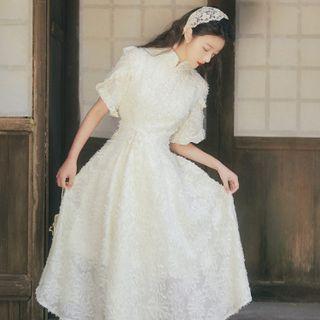 Short-sleeve Textured Midi A-line Qipao Dress