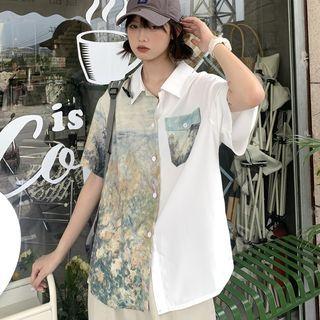 Short Sleeve Printed Panel Oversized Shirt