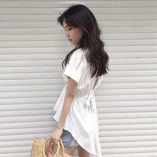 Plain Open-back Loose-fit Short-sleeve Top