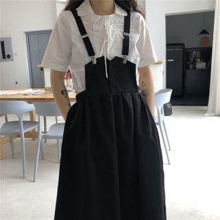 Short-sleeve Tie Neck Plain Blouse / Plain Pinafore Dress