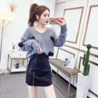 Embellished Sweater / Faux Leather Mini Fitted Skirt