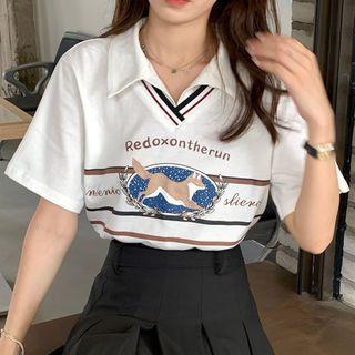 Short-sleeve Fox Print Polo Shirt White - One Size