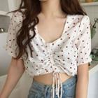 Heart Print Short-sleeve Drawstring Cropped Blouse As Shown In Figure - One Size