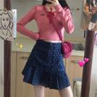 Bow-detail Long-sleeve Cropped Top / High-waist Pleated Skirt