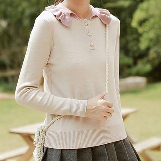 Ruffled Polo-neck Knit Top