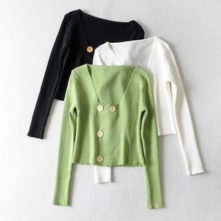 Square Collar Buttoned Knit Top
