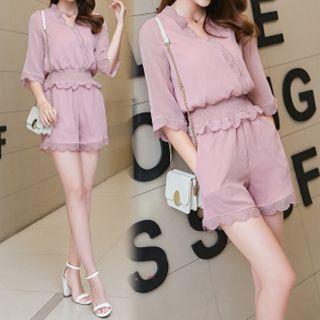 Set: Mesh Trim 3/4 Sleeve Blouse + Shorts