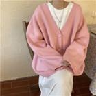 V-neck Plain Loose-fit Cardigan Pink - One Size