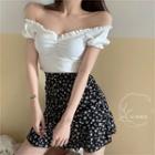 Off-shoulder Short-sleeve T-shirt / Floral High-waist Skirt