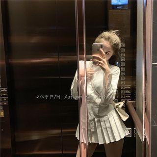 Long-sleeve Pleated Mini Shirtdress White - One Size