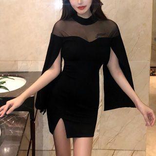 Cape Long-sleeve Mesh Panel Mini Bodycon Dress