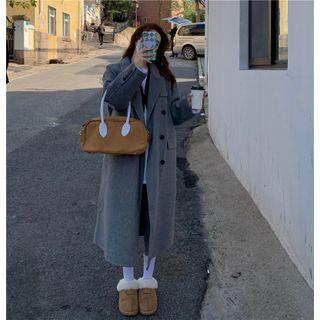 Notch Lapel Double-breasted Midi Coat Gray - One Size