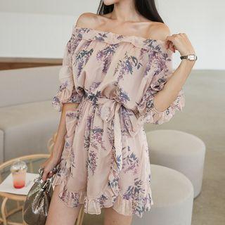 Off-shoulder Frilled Floral Chiffon Playsuit