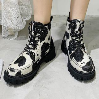 Milk Cow Print Lace-up Short Boots