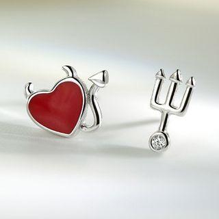 Asymmetrical Devil Heart Stud Earring 1 Pair - 1 Silver & 1 Red - One Size