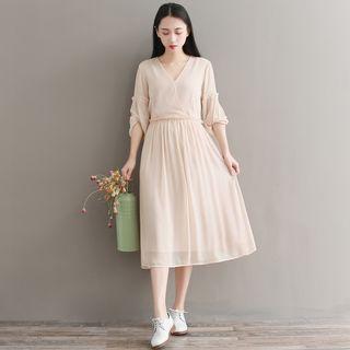 Elbow-sleeve A-line Midi Chiffon Dress