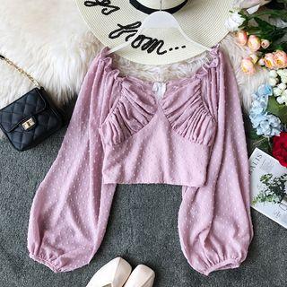 Balloon-sleeve Chiffon Crop Top Black - One Size