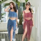 Set: Sleeveless Ruffled Lace Paneled Swim Top + Swim Shorts + Cover-up Skirt