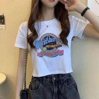 Short-sleeve Crew Neck Car Print Cropped T-shirt