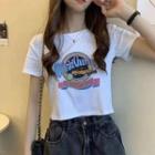 Short-sleeve Crew Neck Car Print Cropped T-shirt