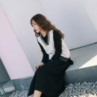 Set: Contrast-trim Sweater Vest + Long-sleeve Midi A-line Dress