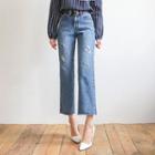 Band-waist Distressed Wide-leg Jeans