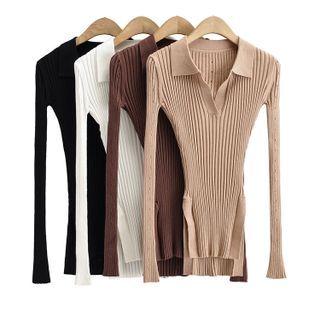 Long-sleeve V-neck Collared Slit-side Knit Top