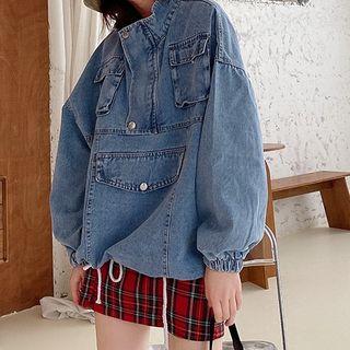 Mock-turtleneck Drawcord Denim Pullover Blue - One Size
