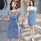 Set: Crew-neck Short-sleeve T-shirt + Letter Embroidered Jumper Dress