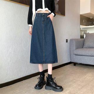 High-waist A-line Slit Denim Midi Skirt