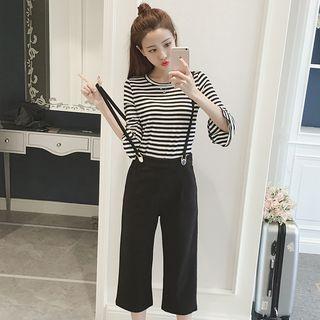 Set: Striped Elbow-sleeve T-shirt + Cropped Jumper Pants