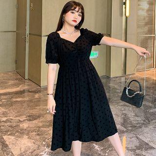 Short-sleeve Square-neck Polka Dot Ruched Dress