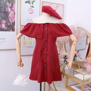 Boatneck Ruffled Mini Shirtdress