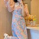 Puff-sleeve Floral Print Blouse / Floral Print Midi Denim Overall Dress