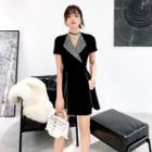Set: Short-sleeve Rhinestone Collar Slit A-line Mini Dress + Shorts
