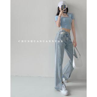 Irregular-waistline Slited Boot-cut Jeans