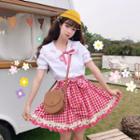 Bow Embroidered Short-sleeve Blouse / Mini Strawberry Applique Gingham Skirt