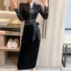 Long-sleeve Lace Panel Tie-waist Sheath Dress