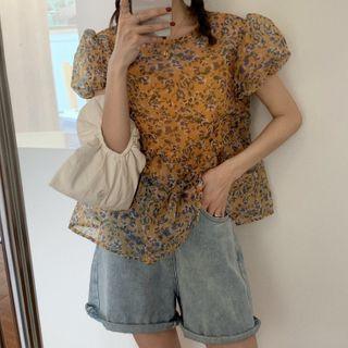 Set: Floral Print Puff-sleeve Blouse + Camisole Top