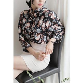 Mandarin-collar Floral Pattern Blouse