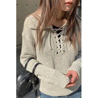 Collared Lace-up Knit Top