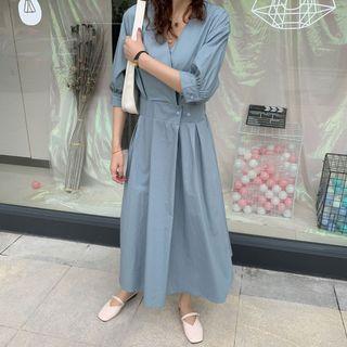 3/4-sleeve A-line Midi Dress Blue - One Size