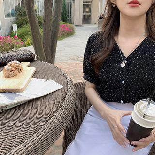 Dot V-neck Short-sleeve Blouse