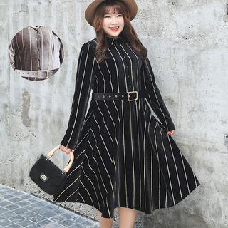 Striped A-line Velvet Dress With Belt