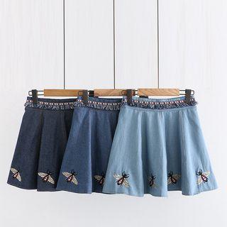 Bee Embroidered Denim Mini A-line Skirt