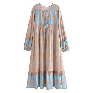 Long-sleeve Print Tie-front Tasseled Midi A-line Dress