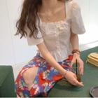 Short-sleeve Frill Trim Blouse / High-waist Floral Printed Split Hem Skirt