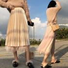Mesh Furry Panel High Waist Pleated Velvet Maxi Skirt