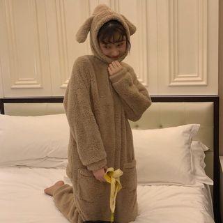 Ear Accent Fleece Jumpsuit Khaki - One Size