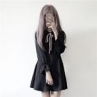 Long-sleeve Bow-accent Mini A-line Dress Black - One Size